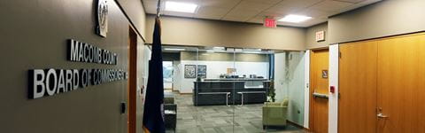 Interior of Macomb County Board of Commissioners lobby and hallway.