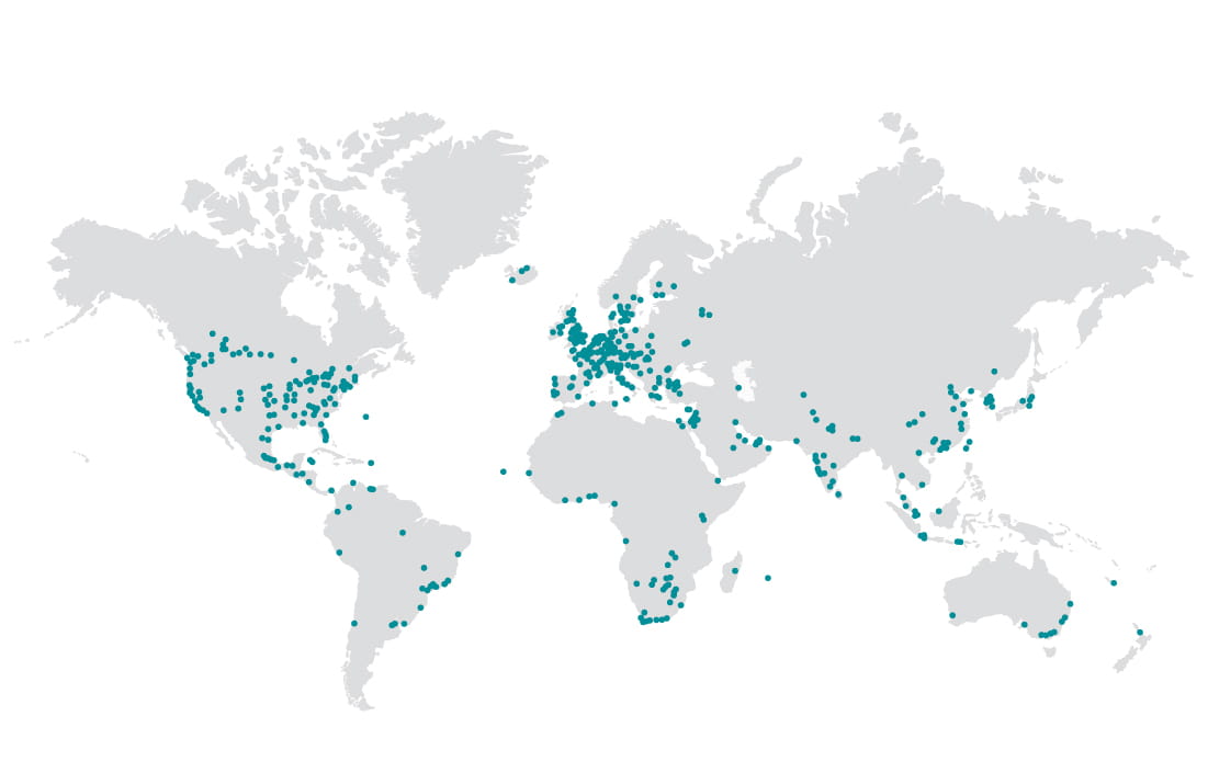 Worldview map of the Praxity Alliance member locations. 