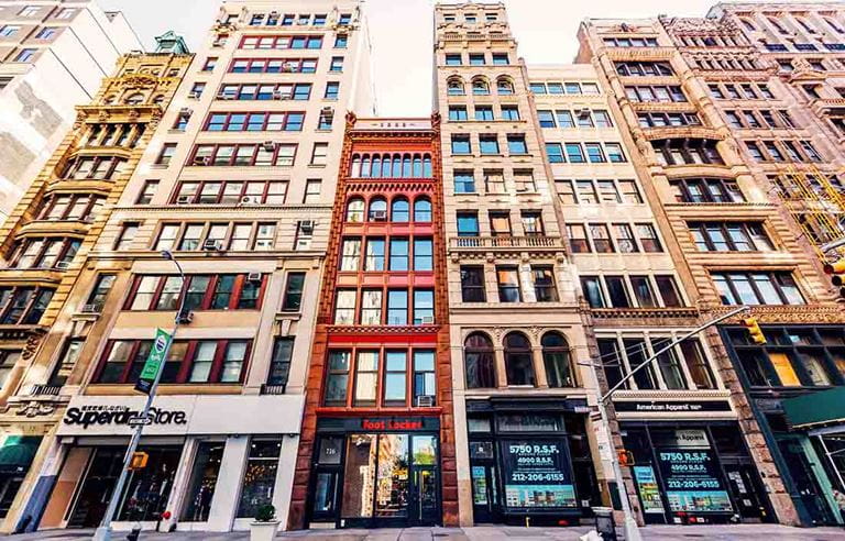 A picture of downtown storefronts. 