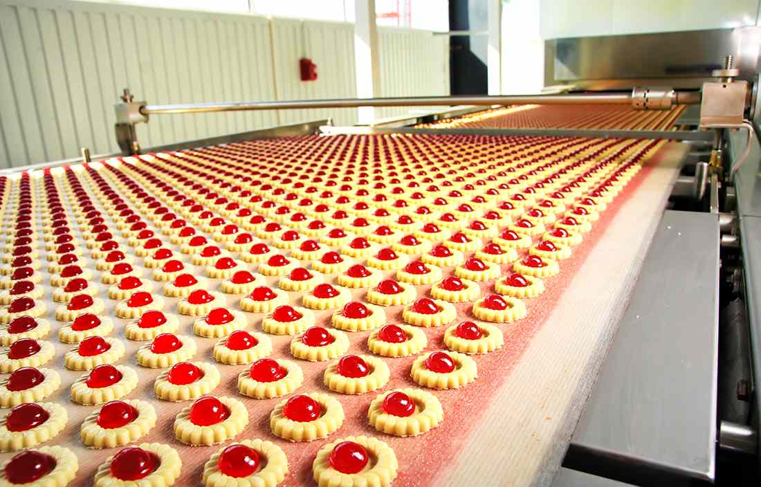 Close-up view of cookies cooling on a large table.