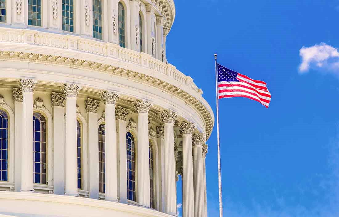 View of the U.S. capitol building and an American flag.