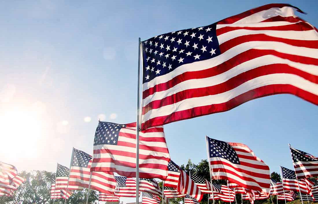 View of American flags close-up.