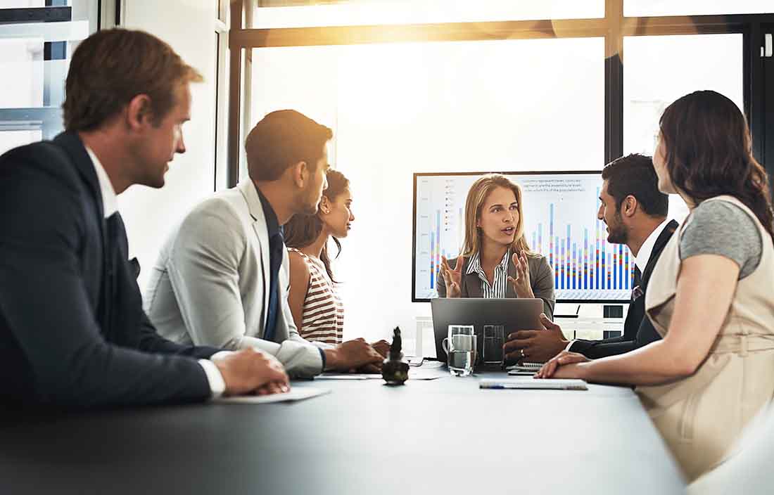 Business professionals having a meeting in a conference room.