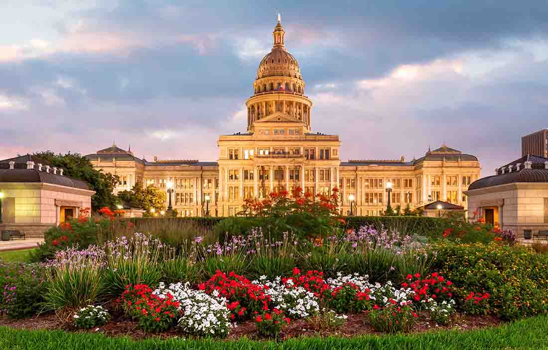 View of garden in front of the US Capitol building.