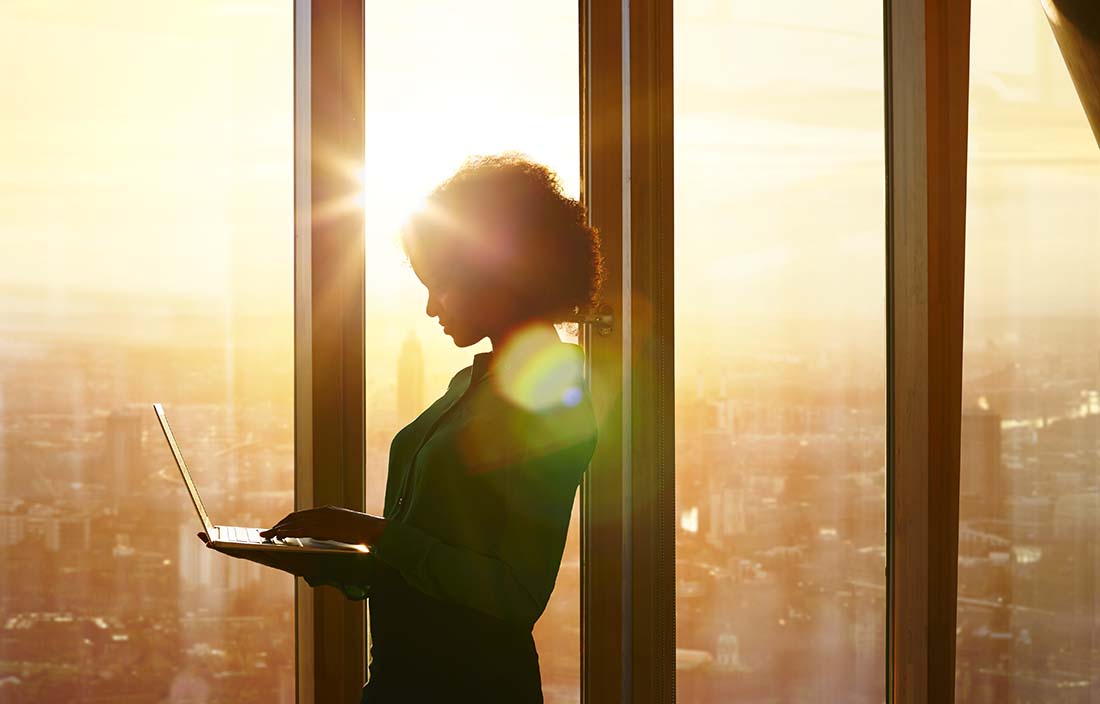 Silhouette of business professional using their computer. 