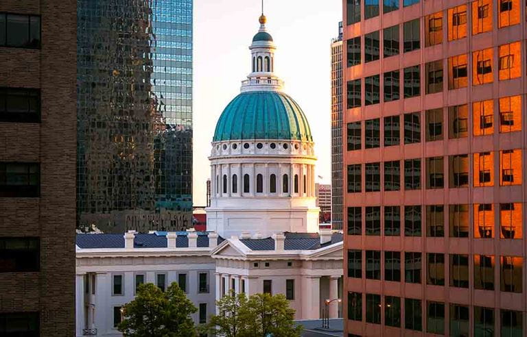 View of teal domed building.