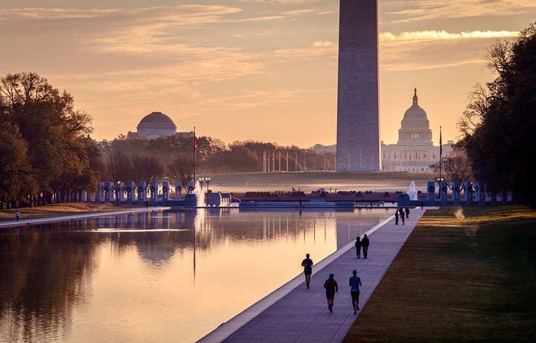 Aerial view of Washington D.C. at dusk.