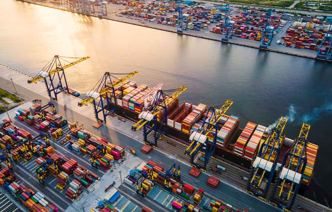 Aerial view of shipping port.