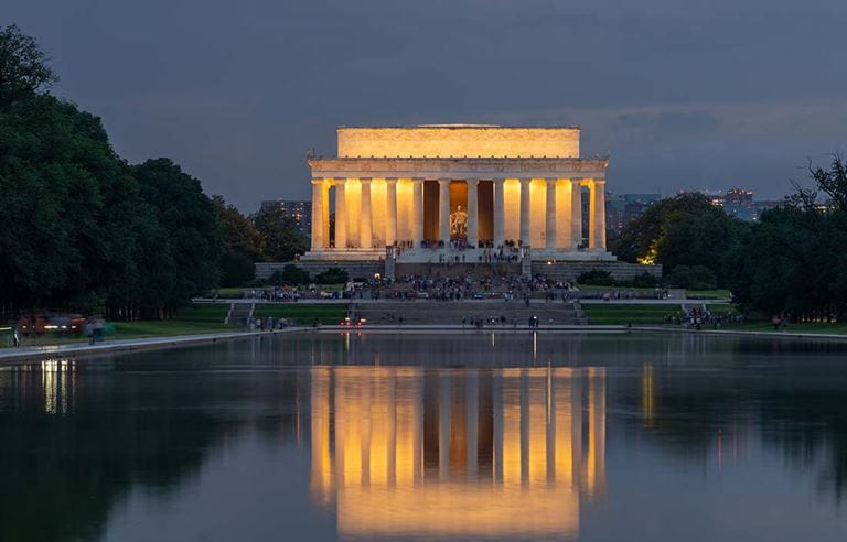 View of U.S. government building at night.