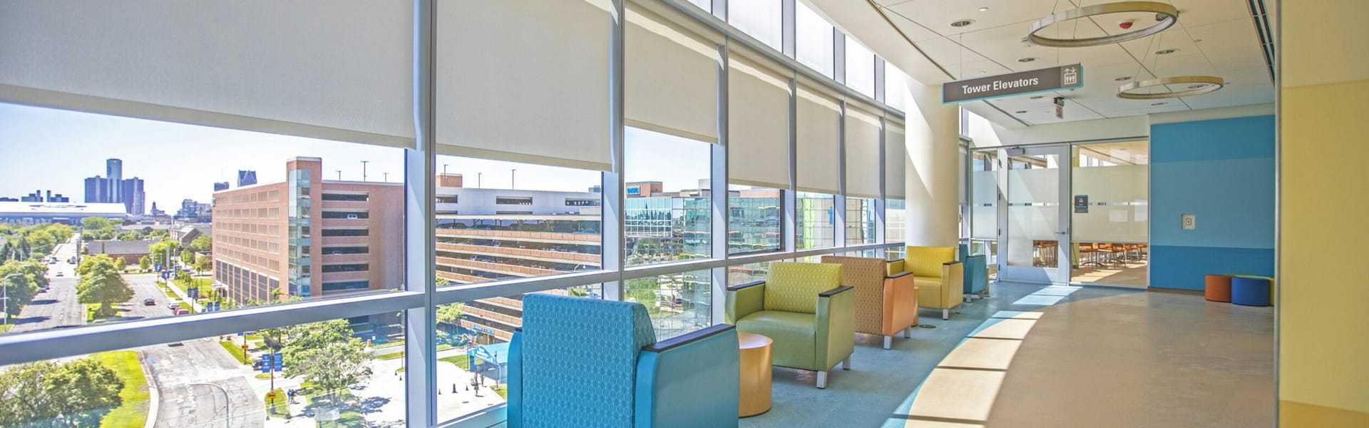 Interior hallway and sitting area of DMC Children's Hospital.