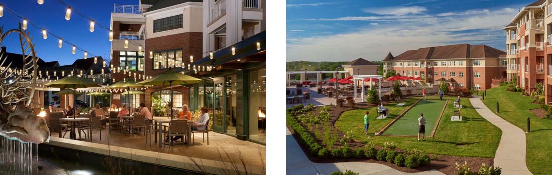 Two images, one of an outdoor patio with tables and party lights and another of a sports area surrounded by senior apartments