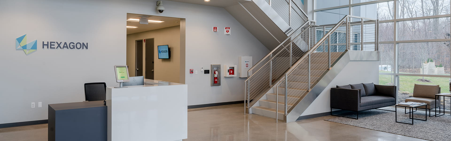 Lobby photo of Hexagon Manufacturing Intelligence's new headquarters in Novi, MI, USA