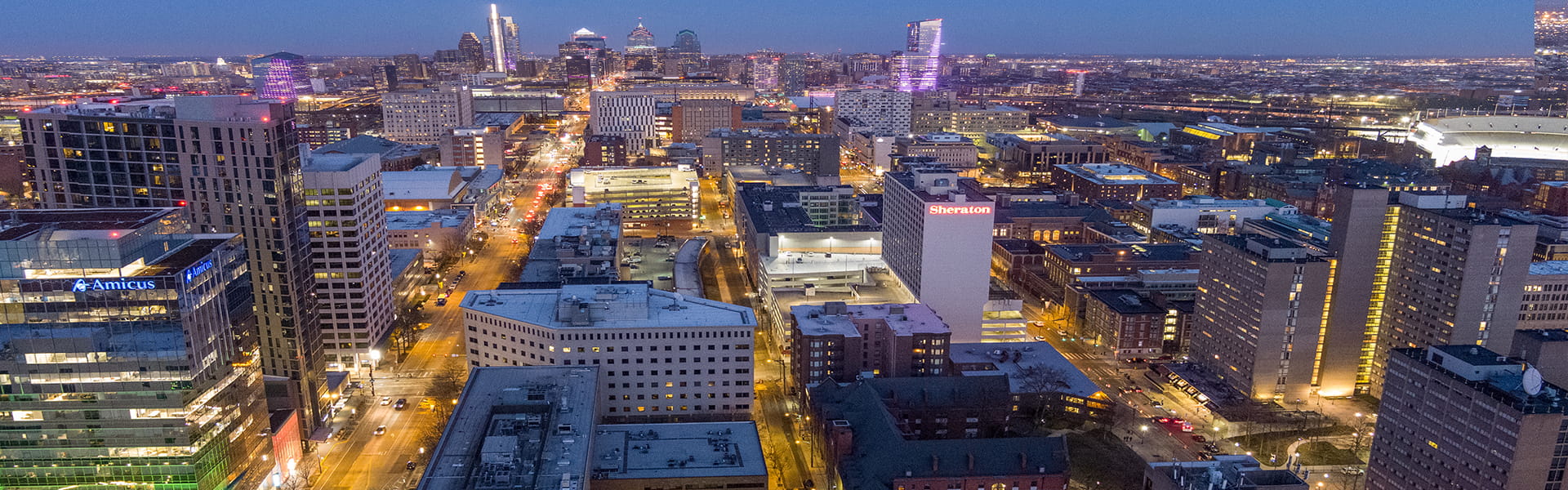 Philadelphia, Penn, aerial view at night