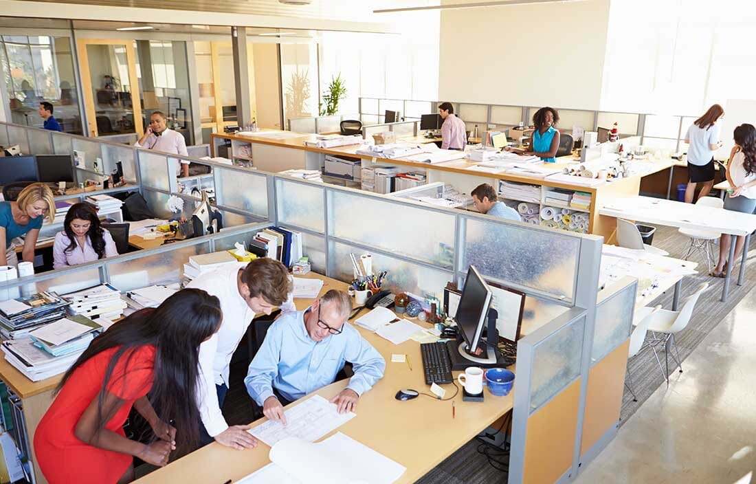 People working in a crowded office